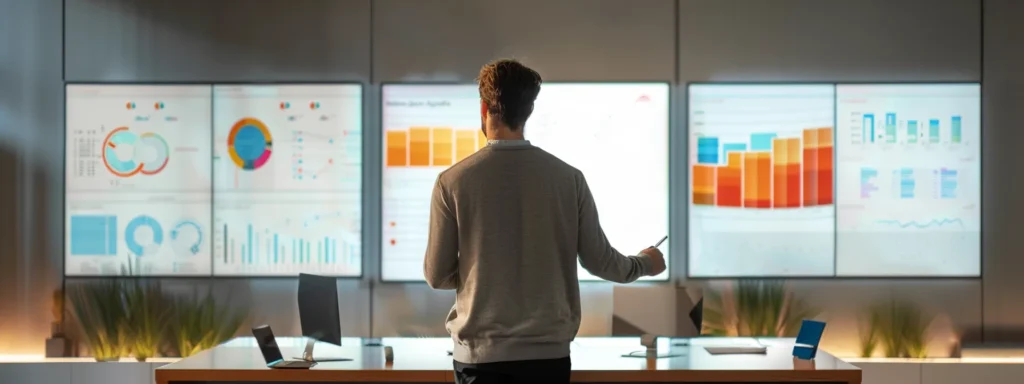 a determined small business owner stands confidently at a sleek modern desk, surrounded by vibrant charts and graphs, exuding focus and strategy in a well-lit office that reflects their commitment to effective lead generation.