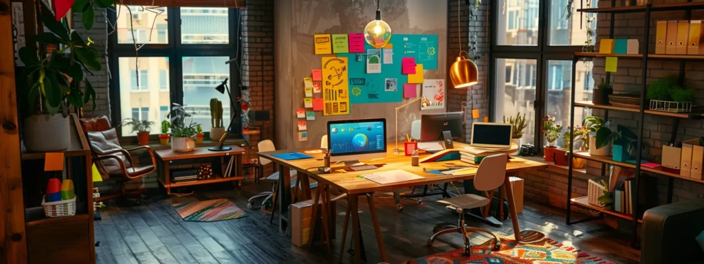 a vibrant small business workspace is illuminated by warm natural light, showcasing a diverse team brainstorming around a large table cluttered with colourful charts, laptops, and marketing materials, reflecting the energetic essence of effective lead generation techniques.