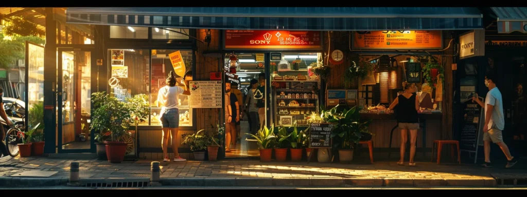 a visually striking scene showcasing a bustling local business, illuminated by soft golden hour light, with a vibrant storefront attracting curious passersby, symbolising the dynamic energy of effective lead generation strategies in action.