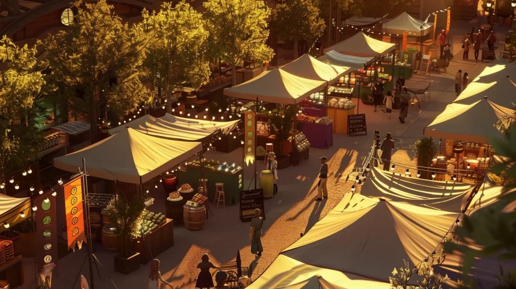 a vibrant, bustling marketplace filled with small business stalls, each showcasing eye-catching promotional banners and enticing products, illuminated by warm, golden sunlight to evoke a sense of community and opportunity.