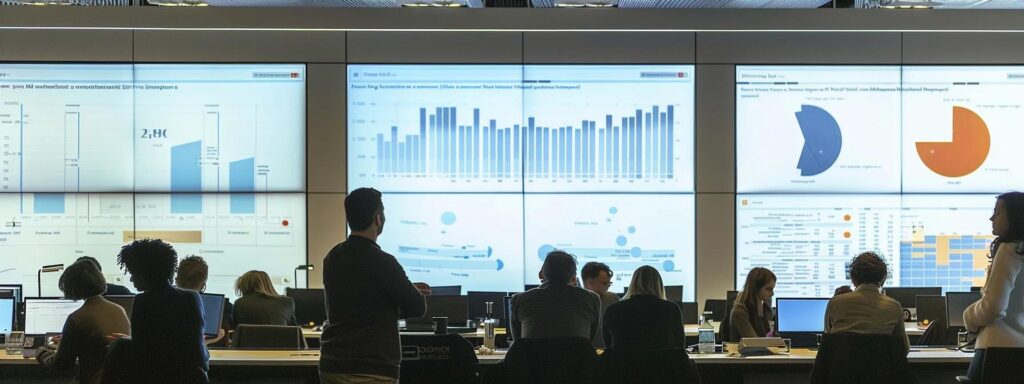 a bustling urban office space filled with professionals engaged in lively discussions, surrounded by digital screens displaying analytical graphs and seo metrics, highlighting the challenges and strategies of bromley businesses in enhancing their online visibility.