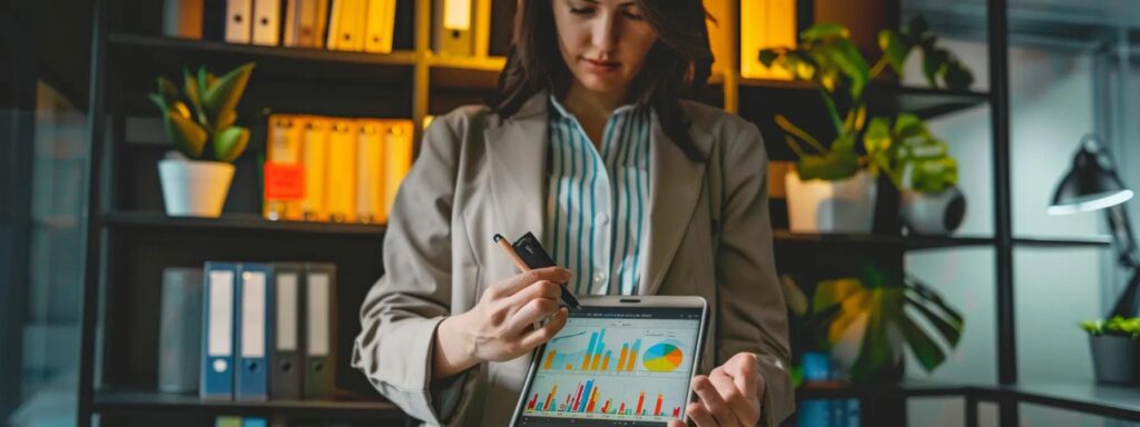 a sleek, modern office environment in bromley featuring a digital marketing professional intently reviewing a vibrant dashboard filled with analytics and local seo metrics on a large screen, illuminated by strategic ambient lighting that underscores the importance of online visibility for local businesses.