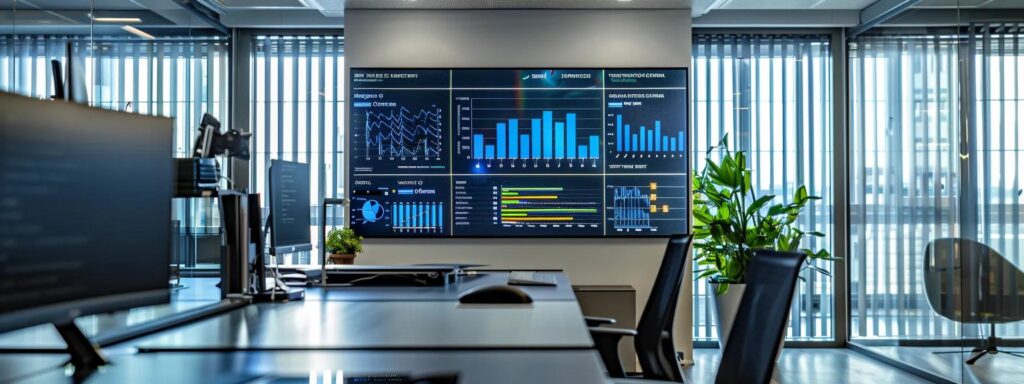 a sleek, modern office workspace featuring a large digital dashboard displaying real-time seo analytics and market trends, emphasising a strategic atmosphere for refining digital tactics in the competitive bromley market.